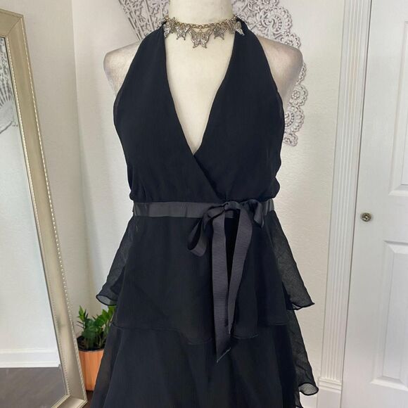 Heart Soul Early 2000's Black Ruffled Frilly Mesh Halter Neck Mini Dress S - Picture 2 of 7